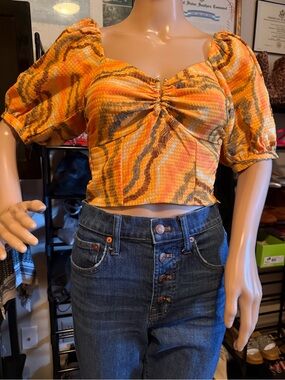 Sam Edelman Orange Multi-Tone Ruched Puff-Sleeve Crop Top. NWT
